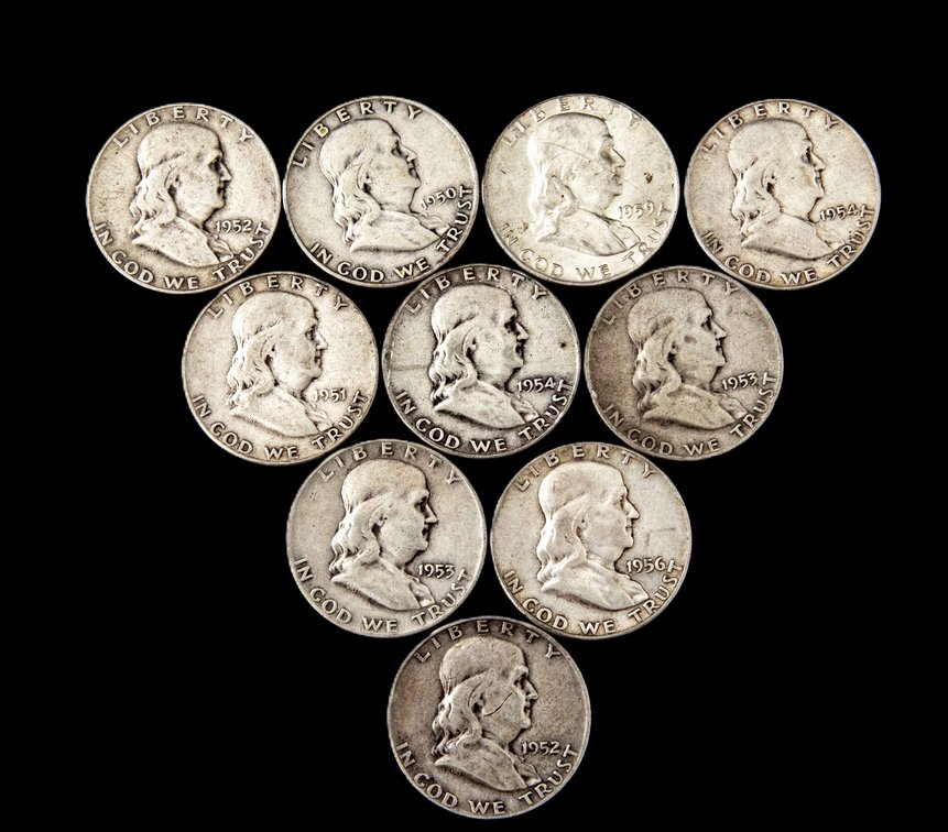 10 Franklin Half Dollars- 1950's