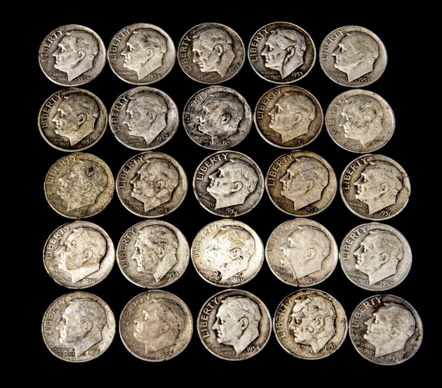 25- 1950's Silver Roosevelt Dimes