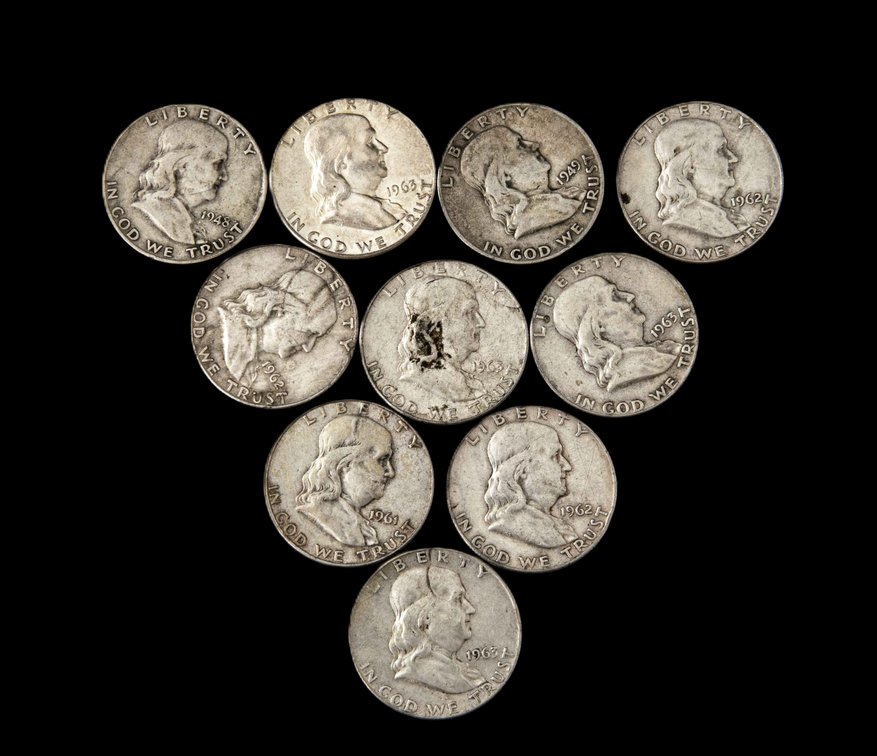 10 Franklin Half Dollars- 1960's +1948-49