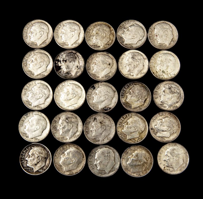 25- 1960's Silver Roosevelt Dimes