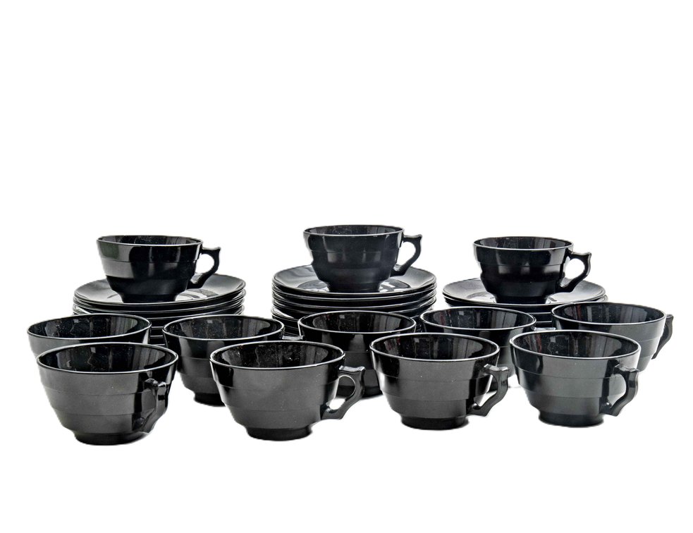 Black Glass Cups & Saucers
