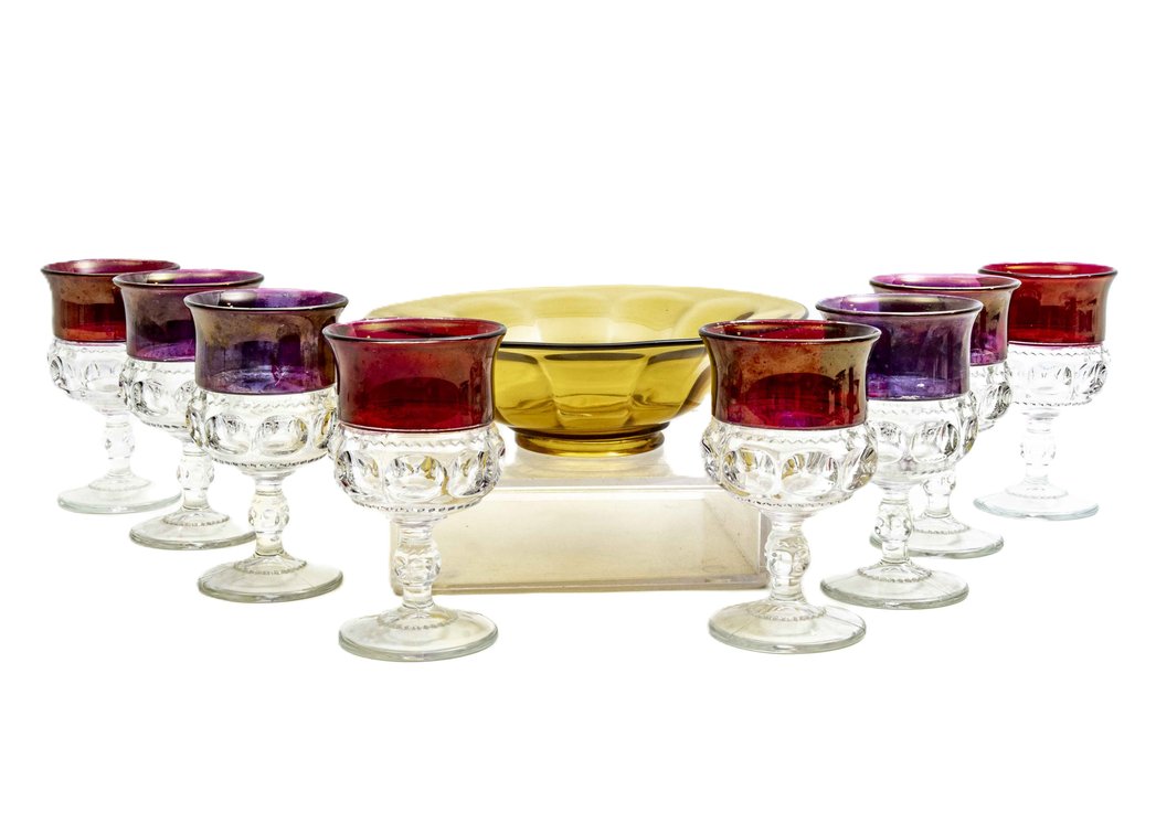 Tiffin "King's Crown" Goblets & Yellow Glass Bowl