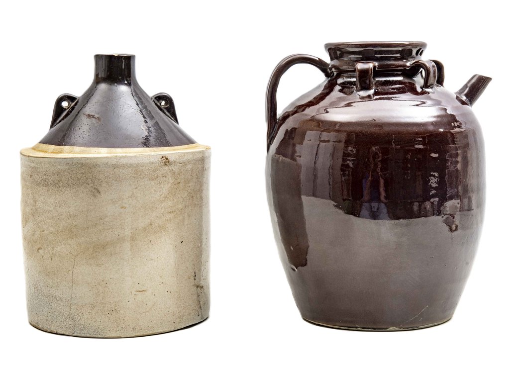 2 Brown Pottery Handled Jug - Crock