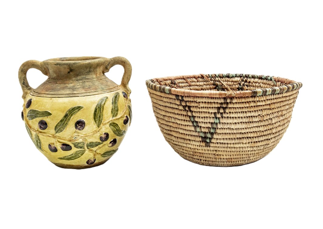 Housa Tribal Basket + Olive Pottery Jug