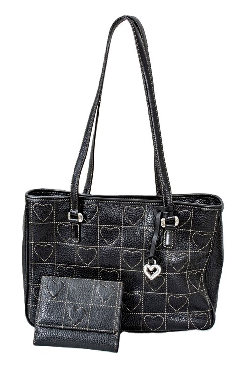 Brighton Black Leather Quilted Hearts Bag & Wallet