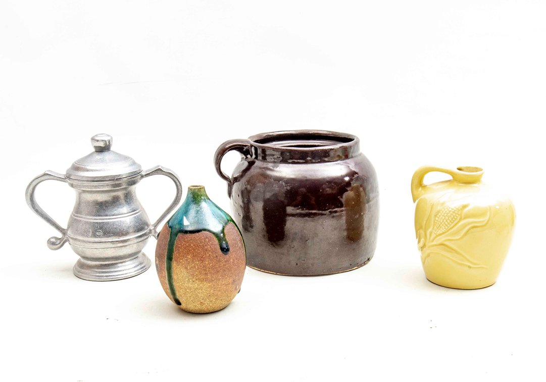 Small Pottery Jugs & Wilton Pewter Sugar