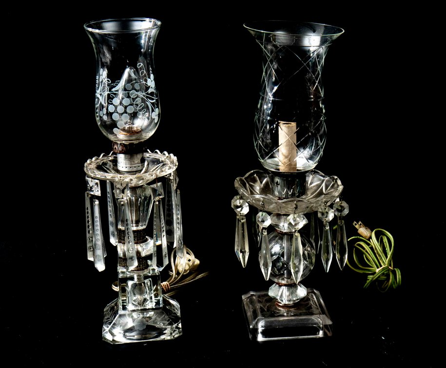2 Crystal Prism Table Buffet Lamps w/Clear Shades