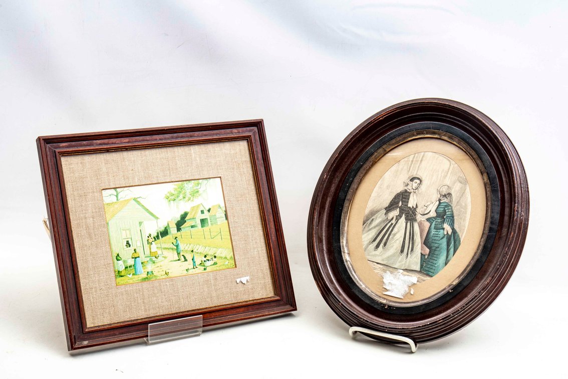 Antique Wood Oval Frame w/Art +Black Americana Art