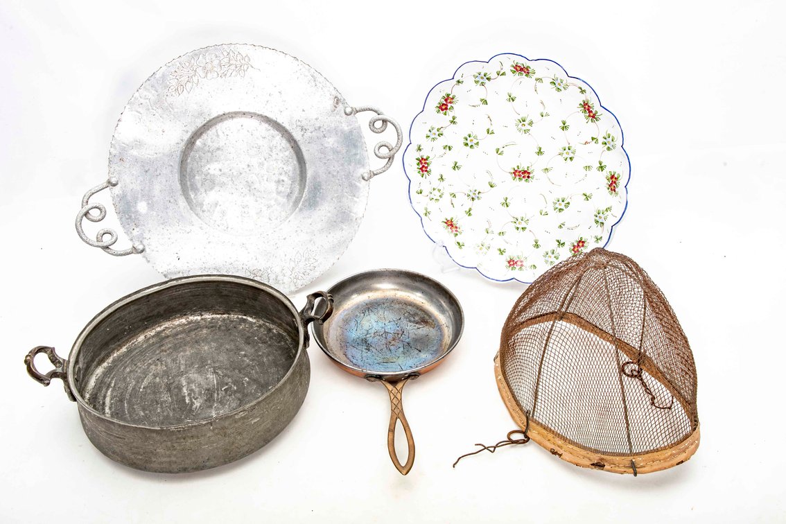 Primitive Basket, Copper Skillet, Hammered Platter