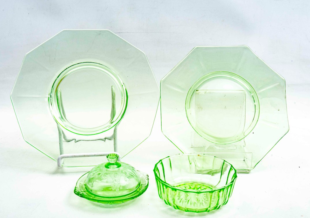 4pc Green Depression Glass - Some are Vaseline Gla
