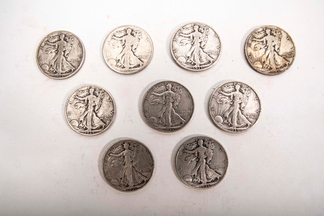9 x Walking Liberty Half Dollars