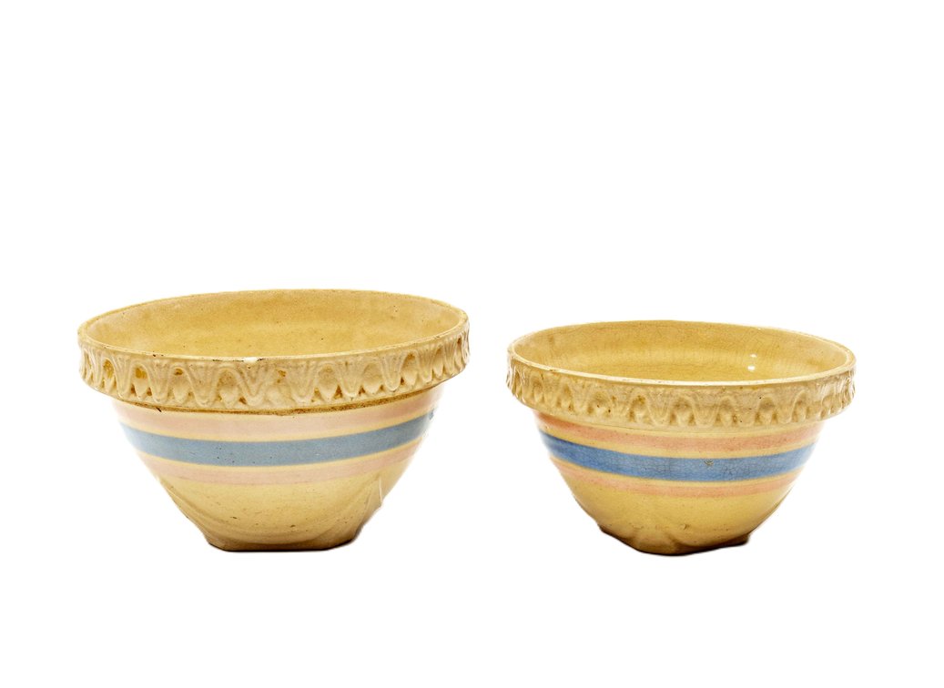 2 McCoy Yellow Ware Bowls Pink & Blue Stripes