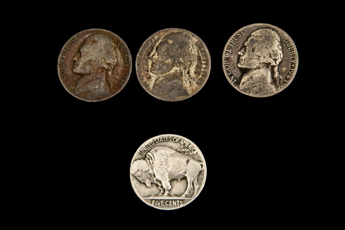 3 Silver War Nickels and 1 Buffalo Nickel