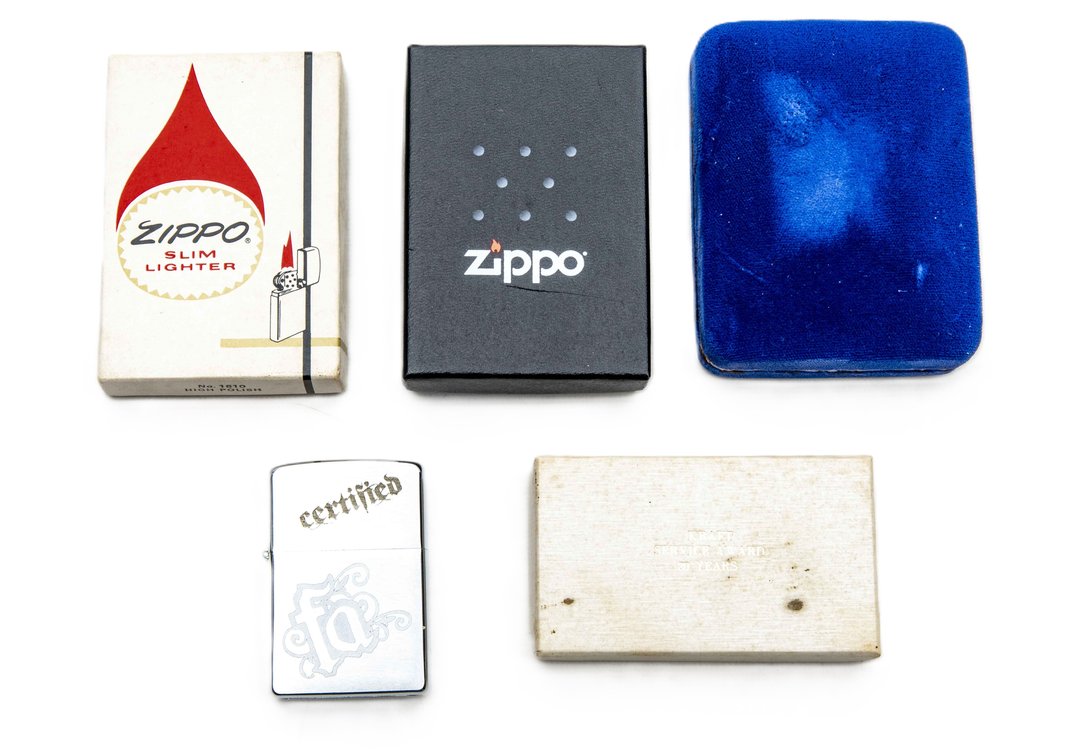 3 Advertising Zippos, Advert. Keychain & Knife