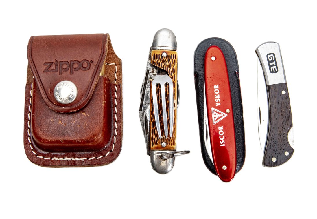 Brass Zippo, Leather Case & 3 Knives
