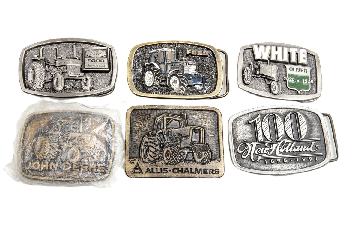 Six Vintage Tractor Belt Buckles