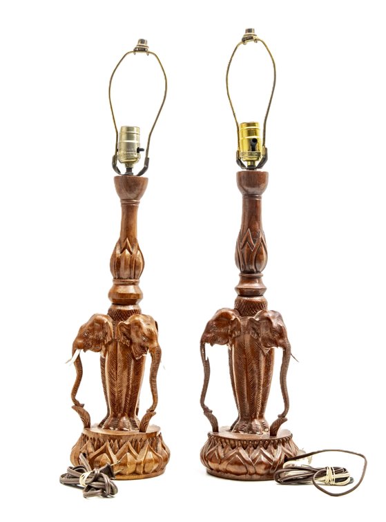 Pair of Hand Carved Elephant Lamps
