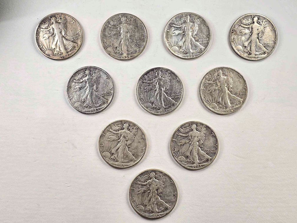 Ten Walking Liberty Half Dollars, 90% Silver, Mixed Dates