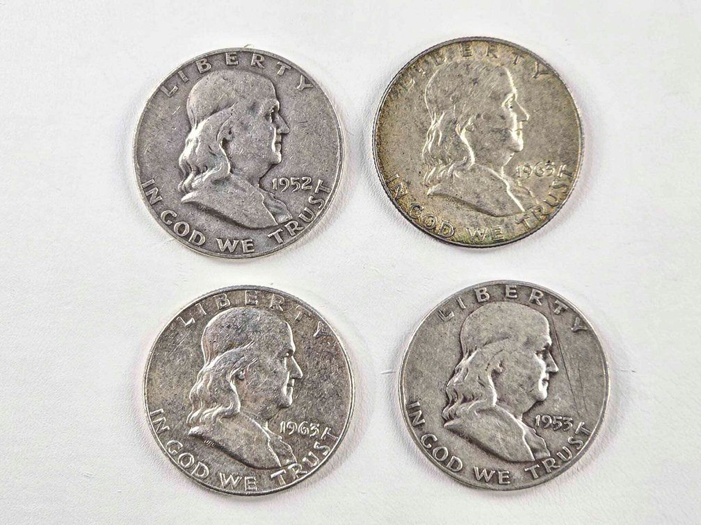 Four Franklin Half Dollars, 90% Silver, Circulated Condition