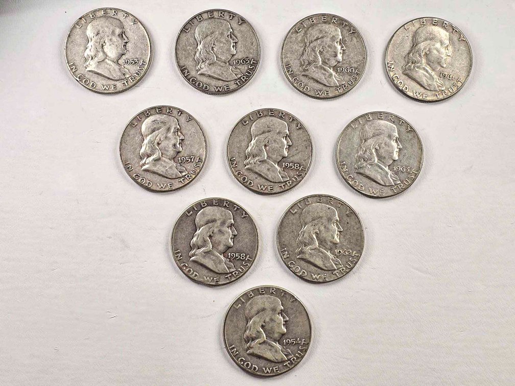 10 Franklin Half Dollar Silver Coins, 1948-1963