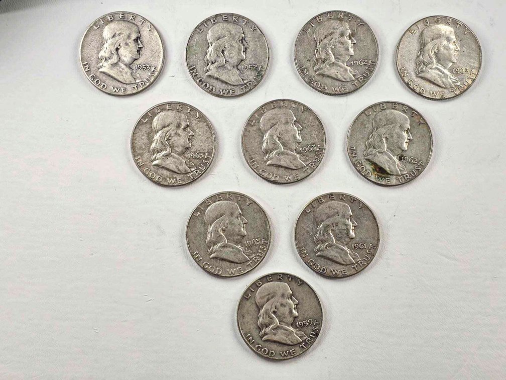 Ten United States Franklin Half Dollar Coins, Silver Composition