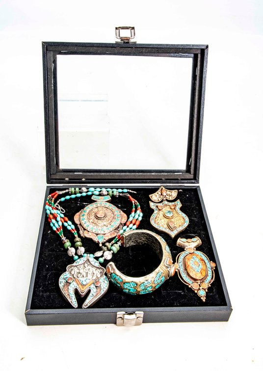 Turquoise & Coral Inlaid Jewelry in Case