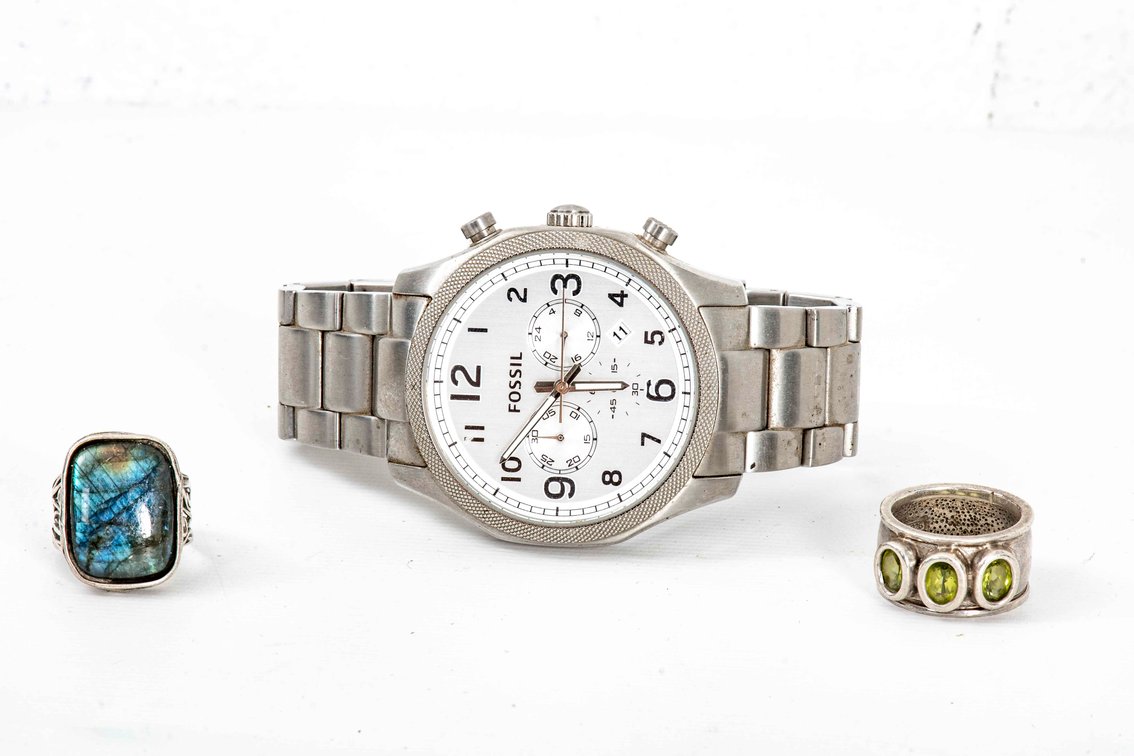 2 Sterling Rings & Fossil Watch