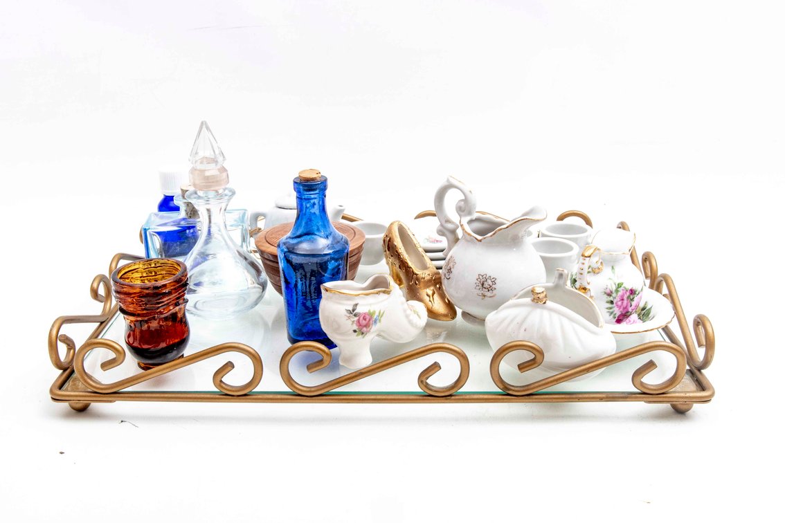 Glass Tray of Porcelain & Glass Miniatures