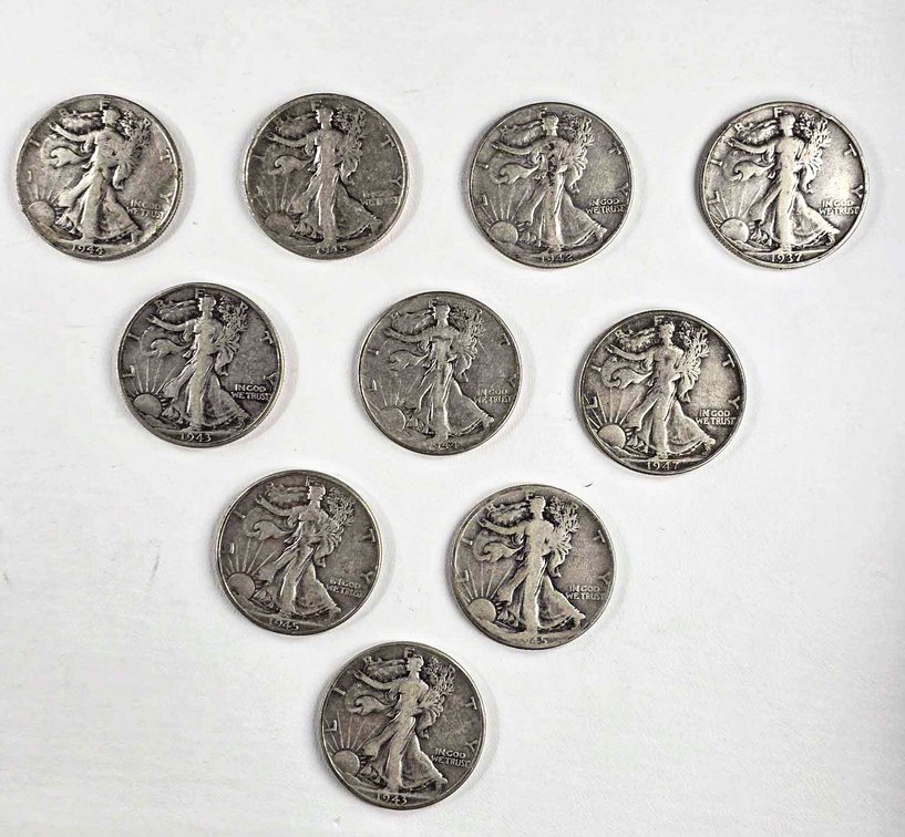 10 Walking Liberty Half Dollars, Circa 1916-1947