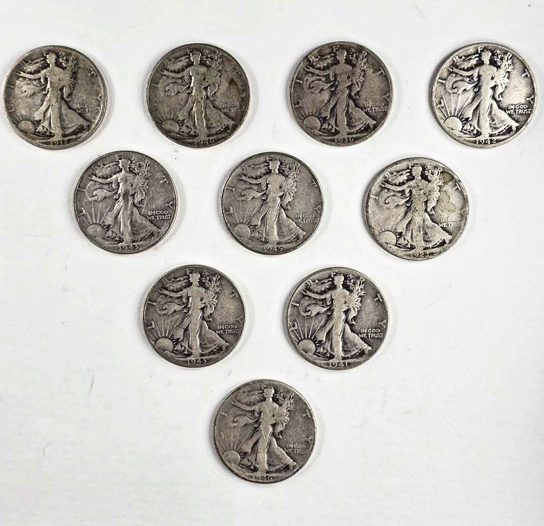 10 Walking Liberty Half Dollars, 90% Silver