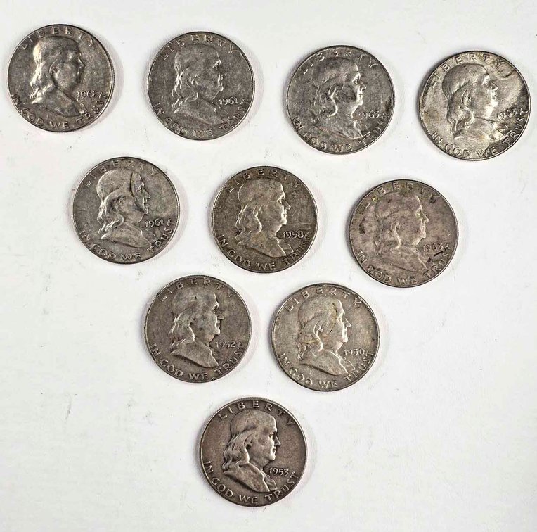 10 U.S. Franklin Half Dollars, 90% Silver, Circulated