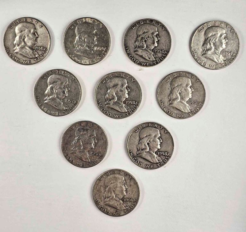 10 Franklin Half Dollars, 90% Silver, Various Years
