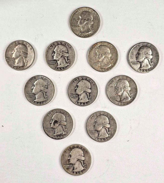 11 Silver Washington Quarters, Various Dates