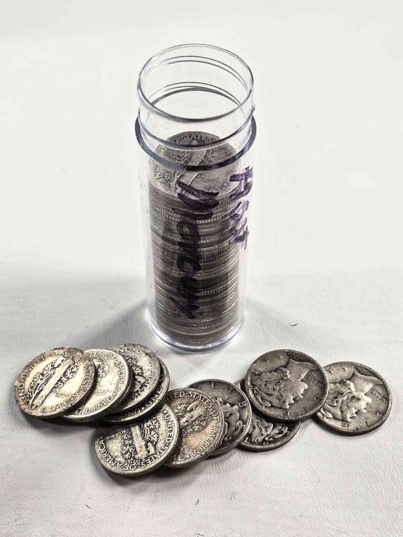 Tube of 52 Silver Mercury Dimes, Various Dates