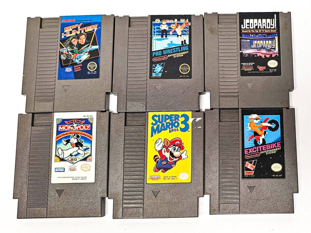 6 Nintendo  (NES) Game Cartridges – Spy Hunter, Mario 3 etc.