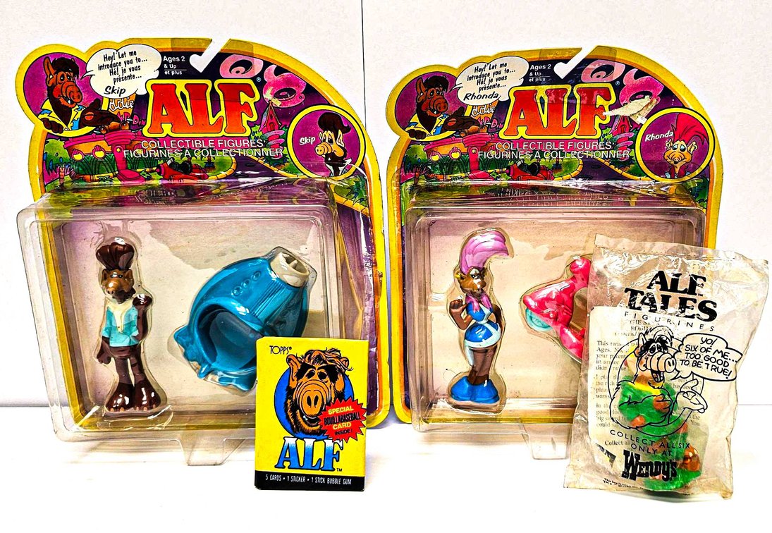 ALF Collectible Items Including MIP Figures, Cards, and Wendy’s Toy