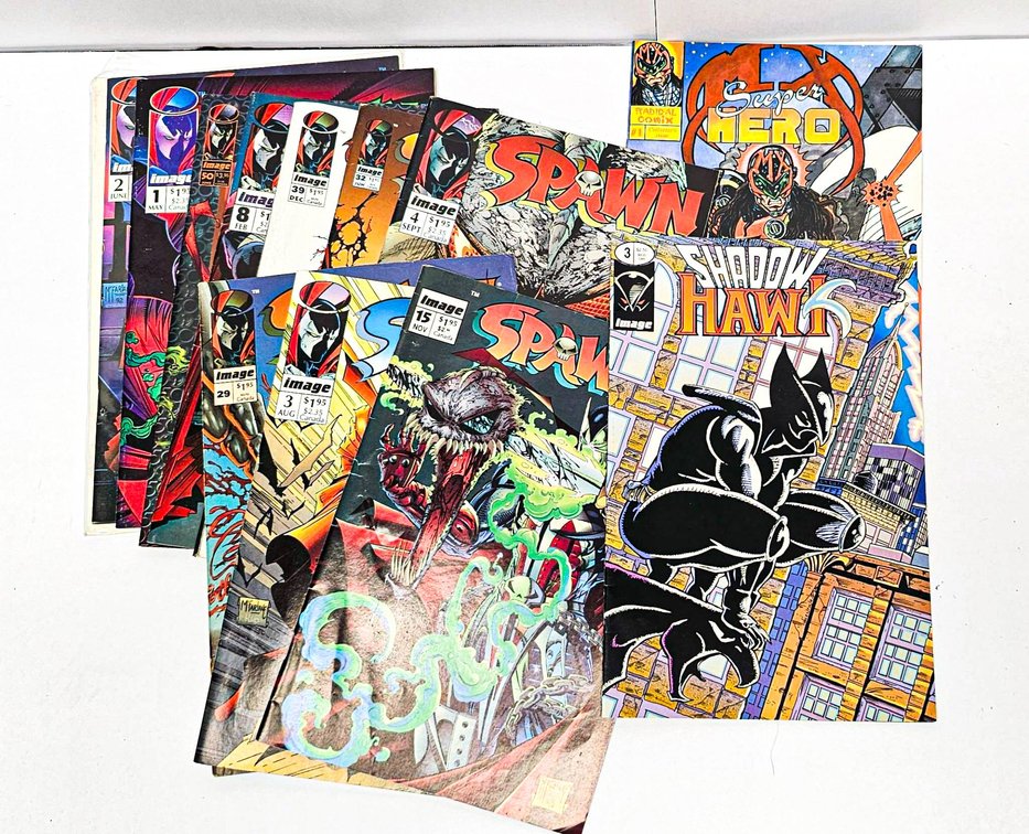 12  Comics Including Spawn, ShadowHawk, and MX Super Hero