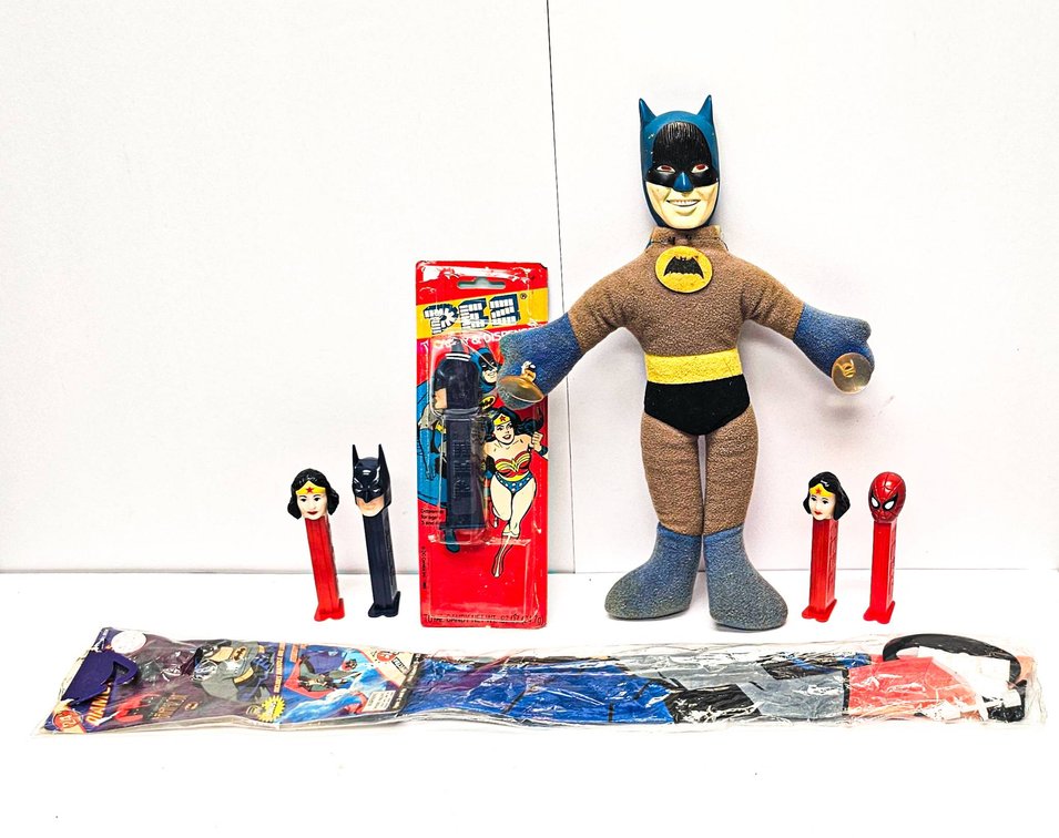 Batman Plush Cling, MIP Kite, and  PEZ Dispensers Including Wonder Woman and Spider-Man