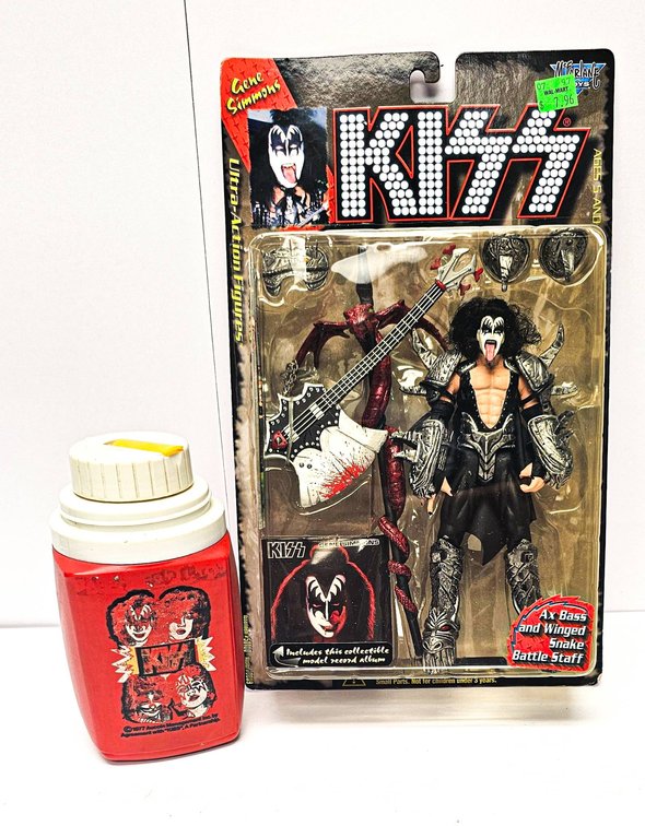 KISS Gene Simmons Action Figure in Package and 1977 KISS Thermos