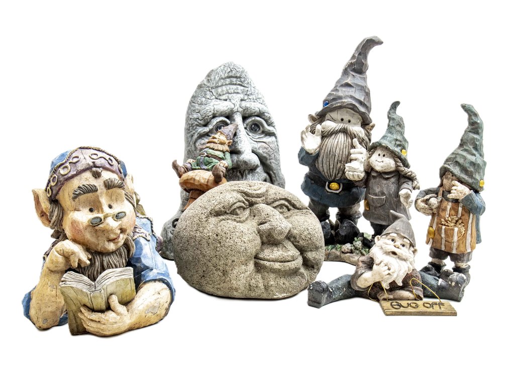 2 Stoney Faces & 5 Gnomes for the Garden