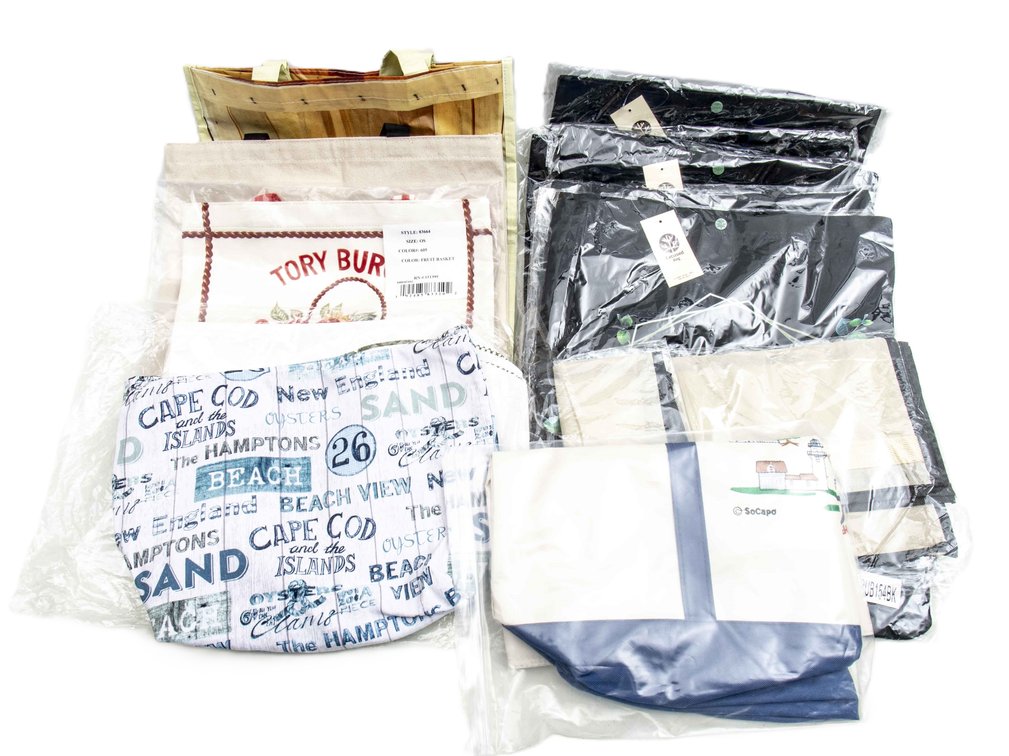 Large Assortment of Canvas and Plastic Tote Bags