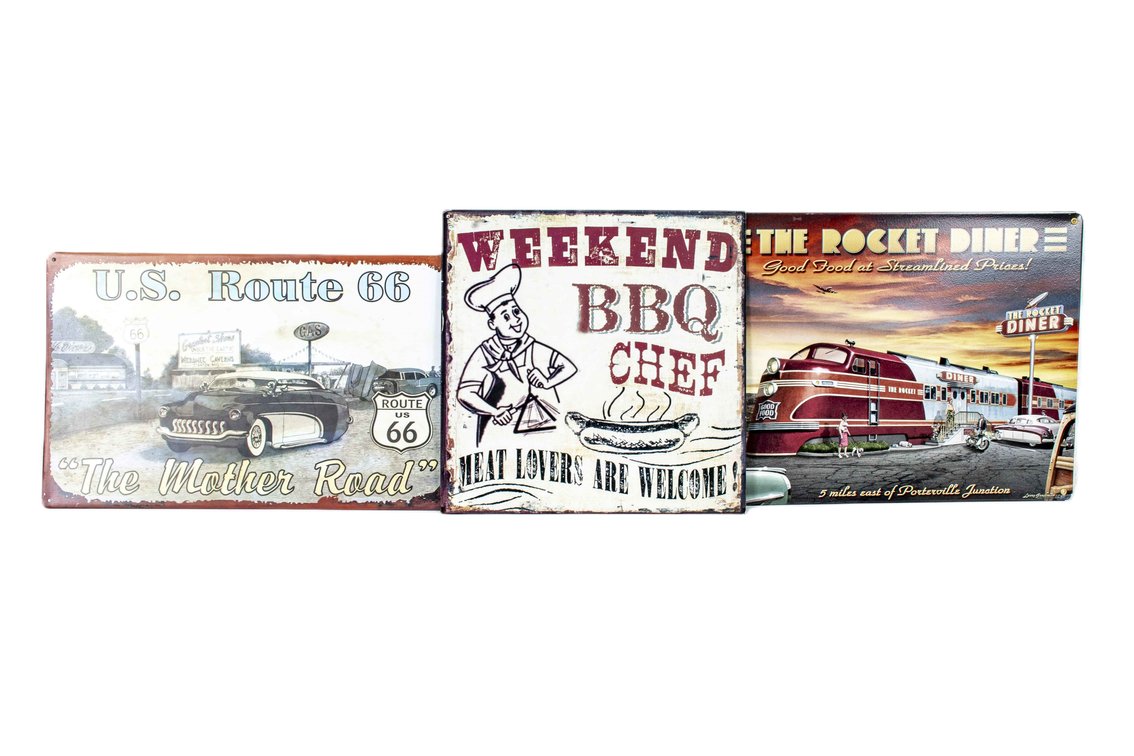 3 Nice Vintage Look Metal Signs - Diner, Route 66
