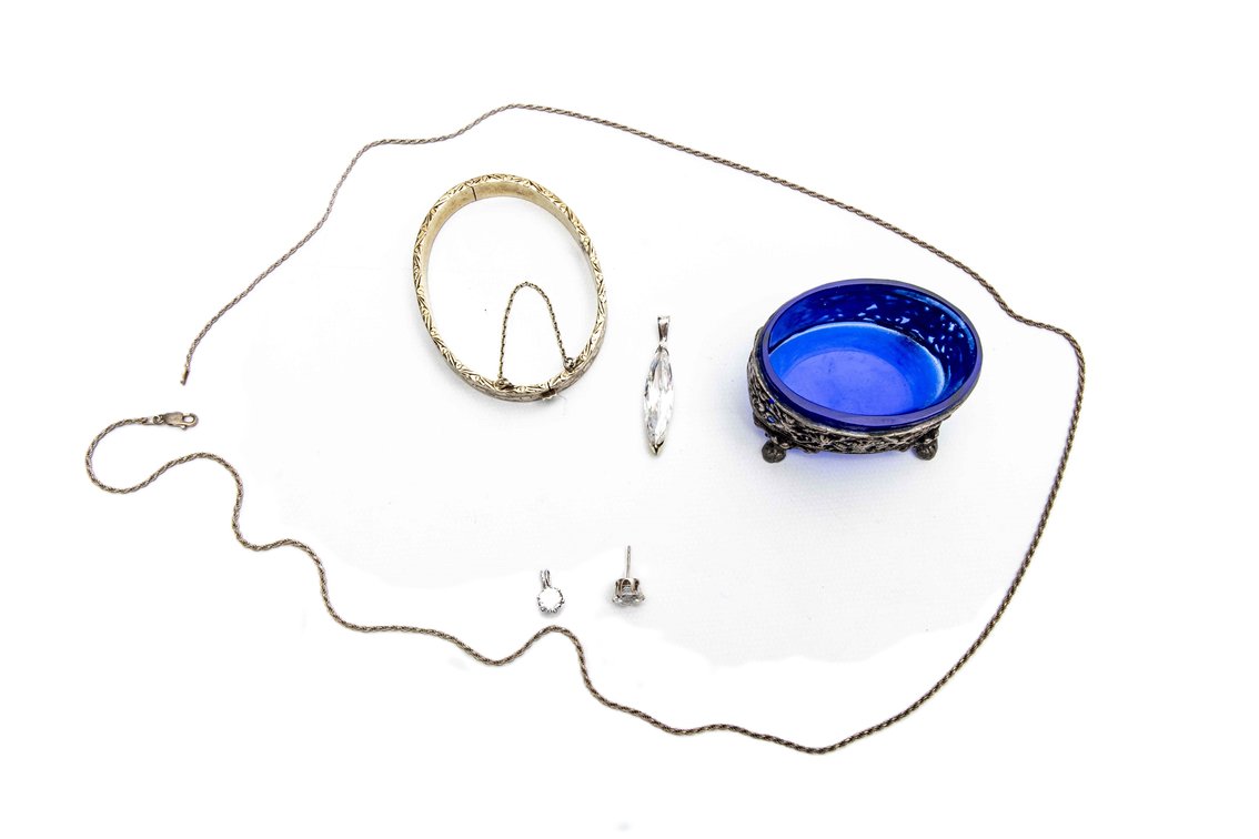 Sterling Jewelry & 800 Silver Dish with Cobalt