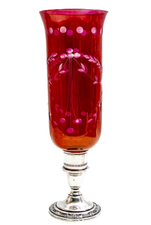 Sterling Candle Stick W/ Cranberry Etched Glass