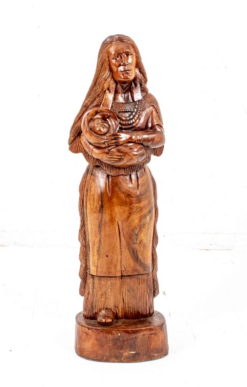 Carved Wood Native American Woman w/ Baby