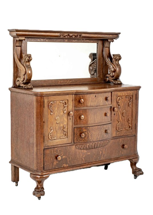 1900's Reaser Furniture Co. Tiger Oak Sideboard w/Griffins