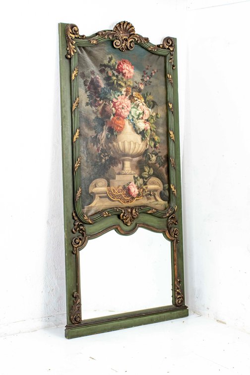 Antique French Trumeau Mirror with Floral Painting