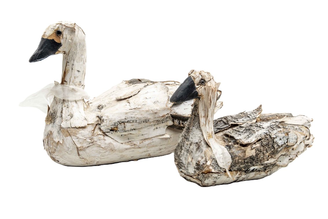 Pair of Handmade Birch Bark Ducks