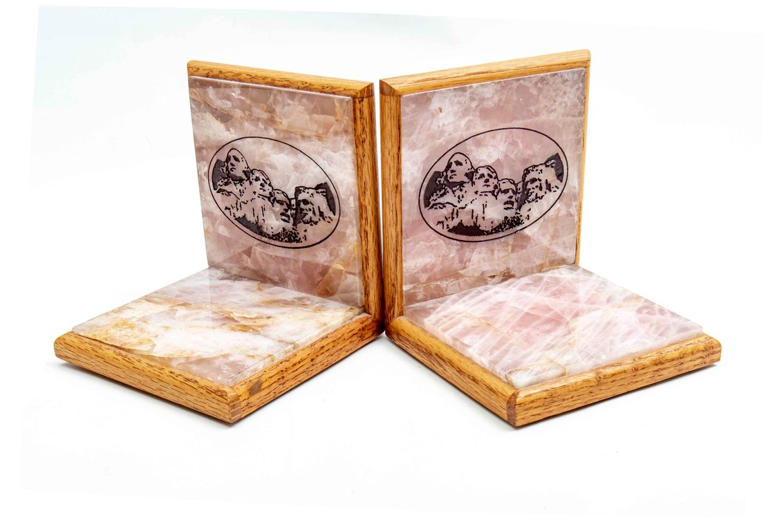 Rose Quartz Bookends w/ Mt Rushmore Carving