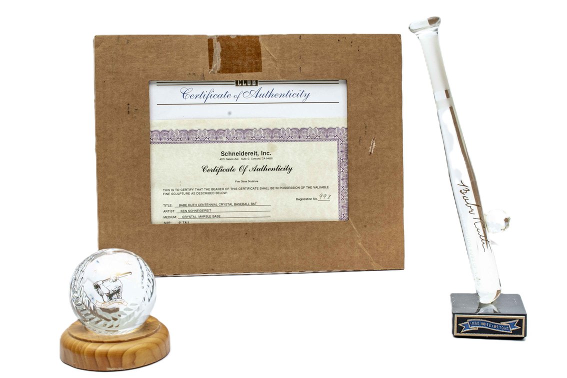 Babe Ruth Crystal Bat w/COA + Glass Baseball